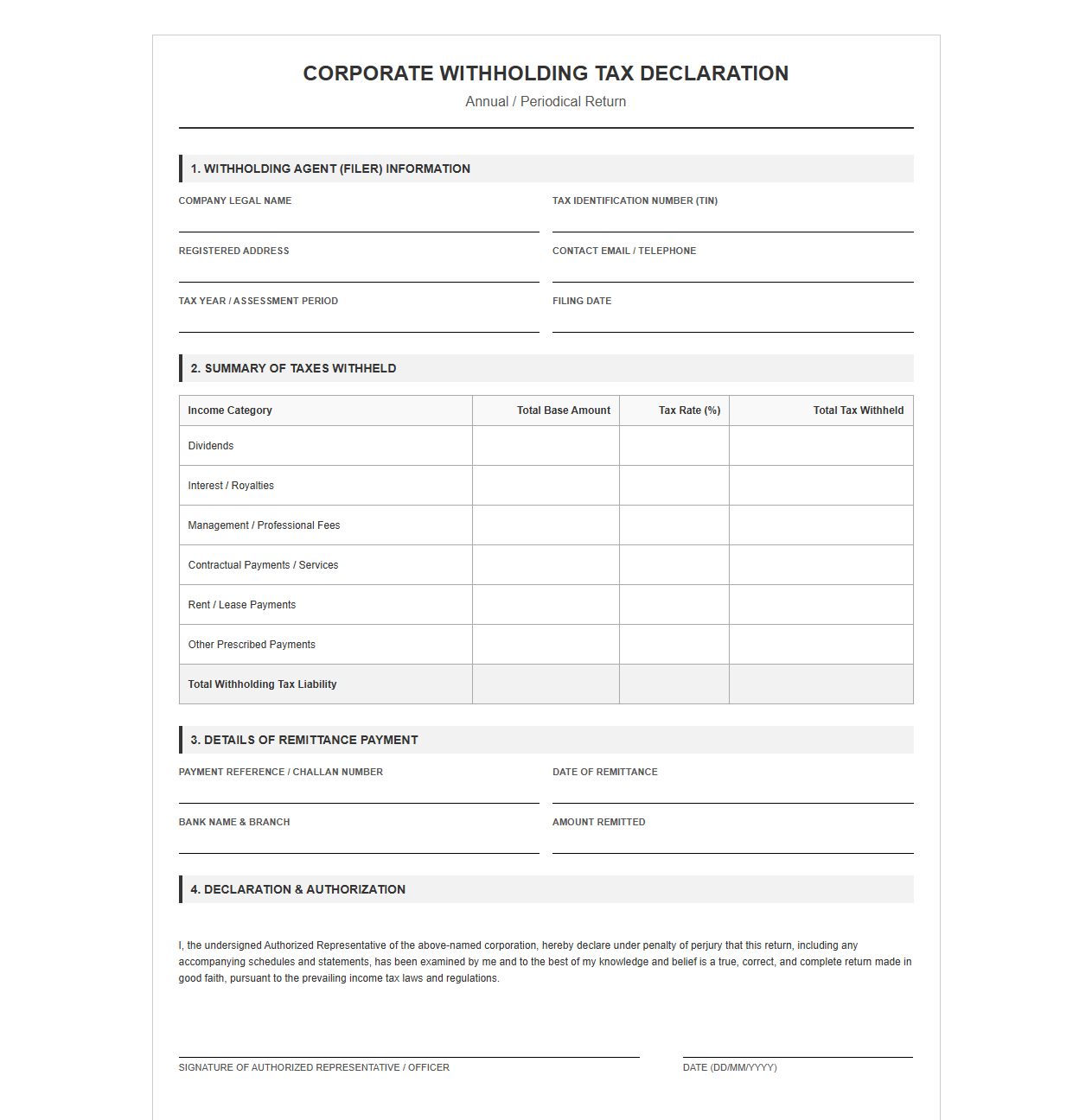 Corporate Withholding Tax Declaration Template