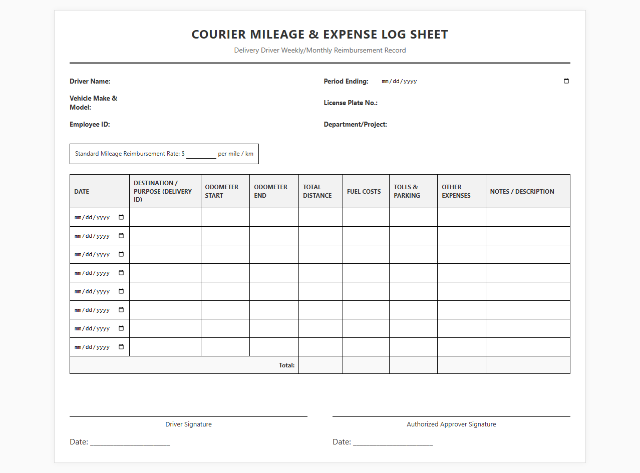 Courier Mileage and Expense Log Sheet