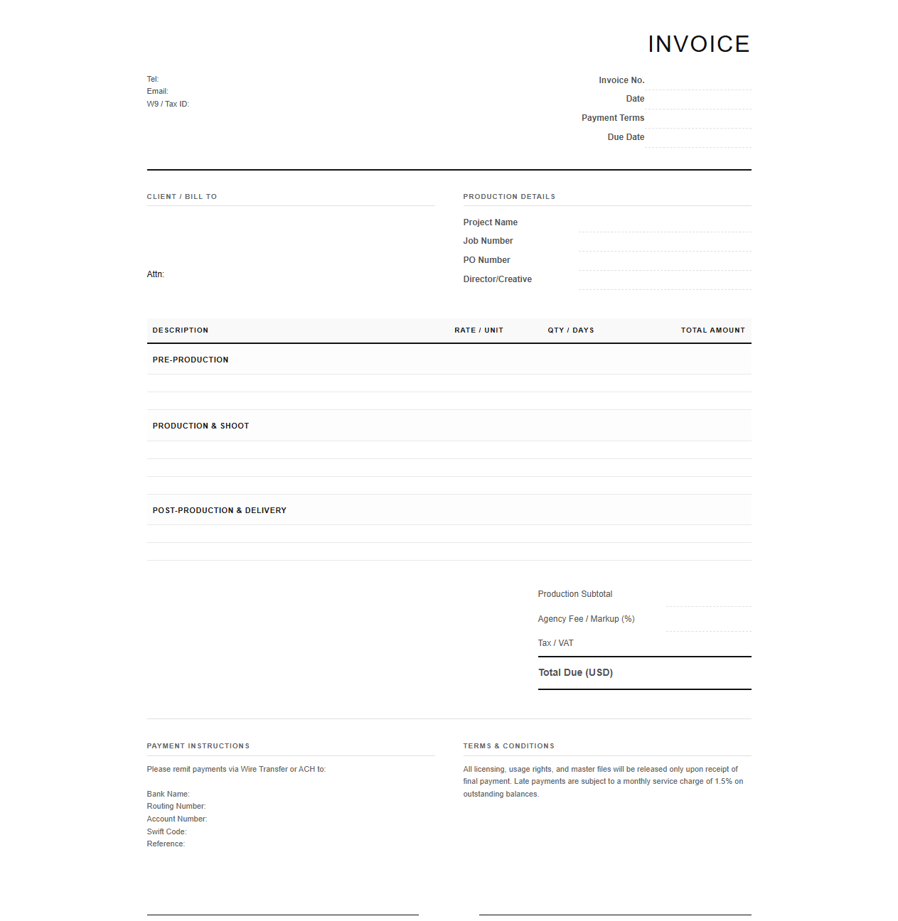 Creative Agency Commercial Production Invoice