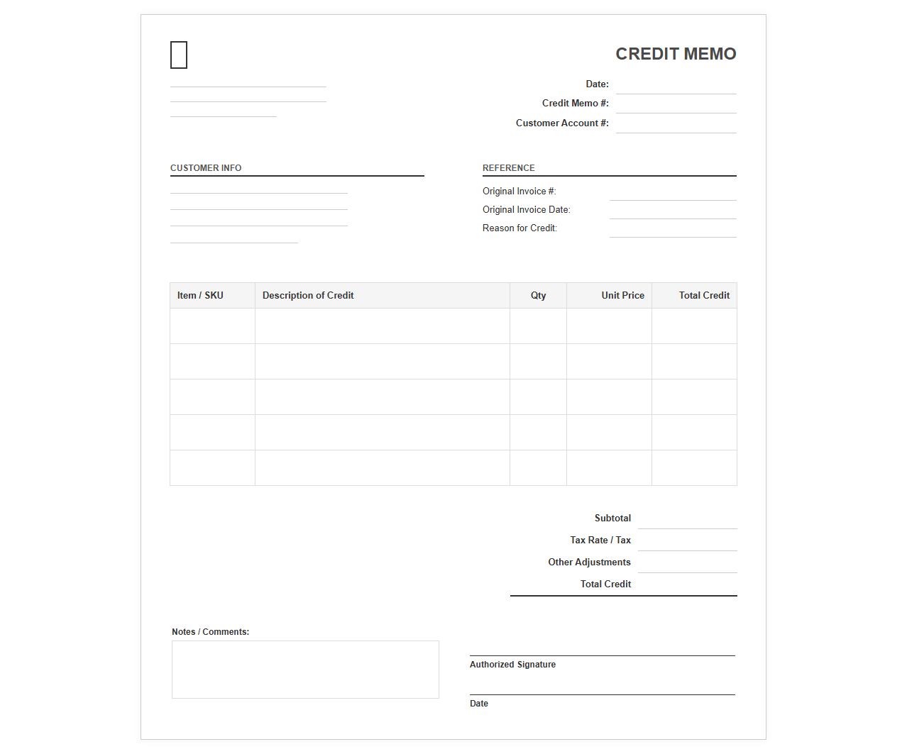 Credit Memo Template for Customer Accounts