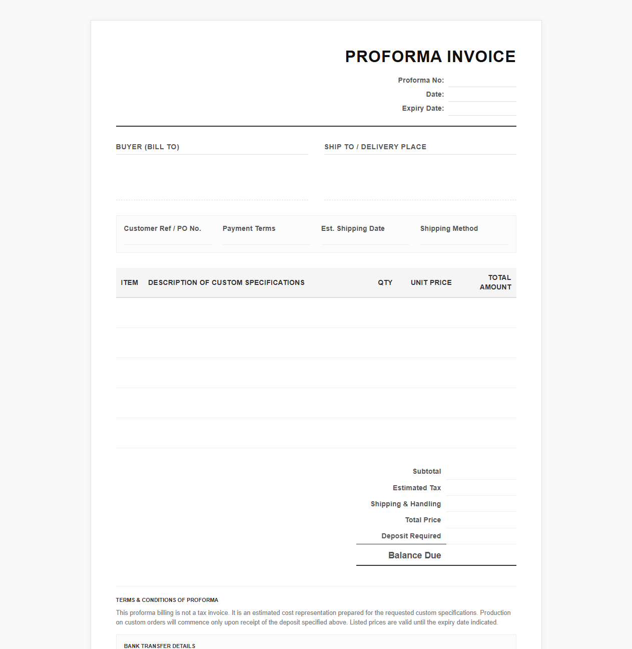 Custom Order Proforma Billing Template