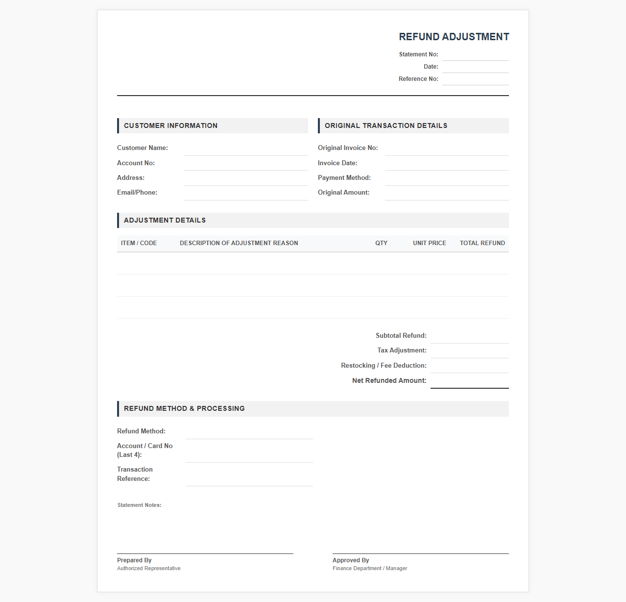 Customer Refund Adjustment Statement