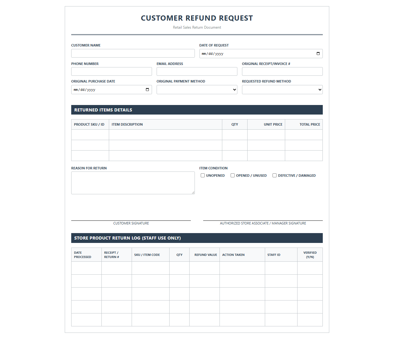 Customer Refund Request and Product Return Log