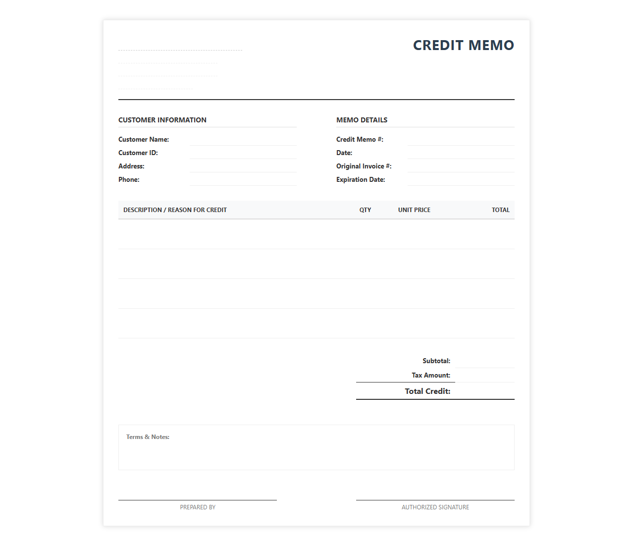 Customer Store Credit Memorandum Invoice