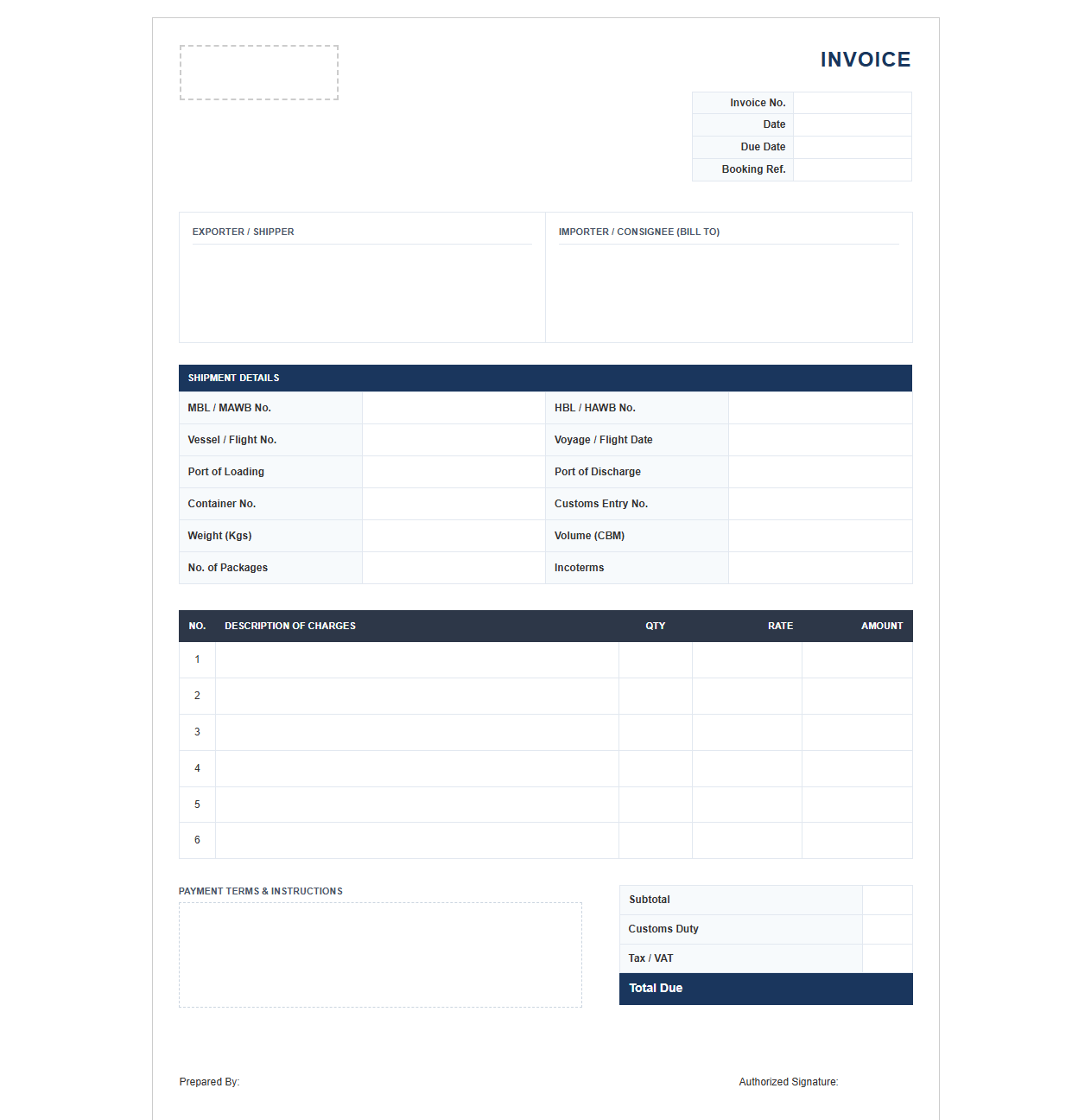 Customs Clearance and Logistics Invoice