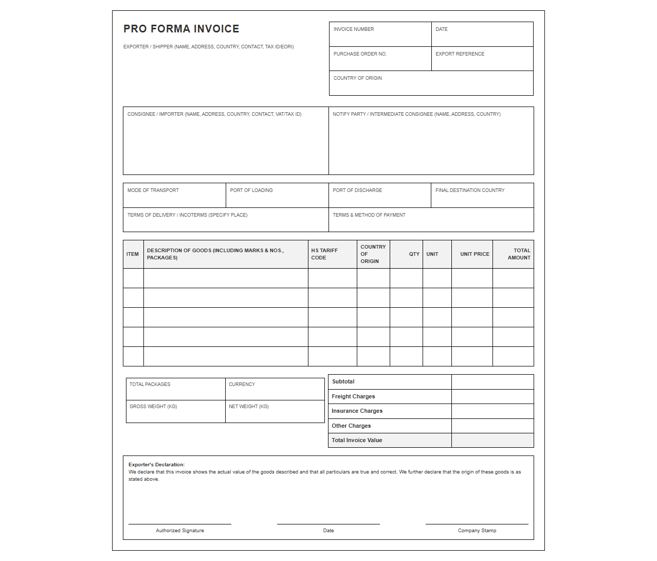Customs Clearance Pro Forma Invoice Template