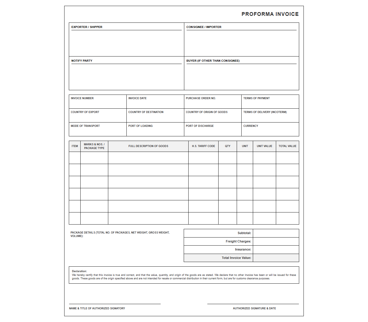 Customs Clearance Proforma Invoice Format