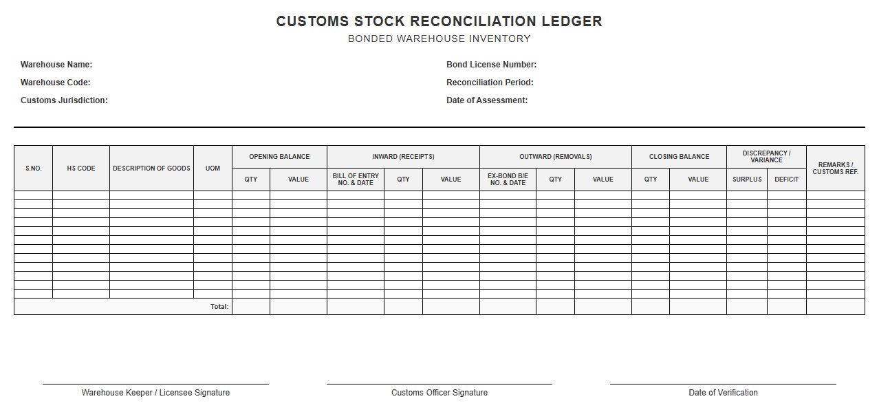 Customs Stock Reconciliation Ledger Template