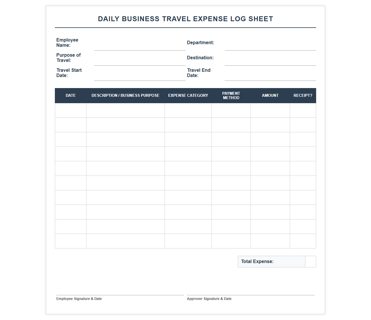 Daily Business Travel Expense Log Sheet
