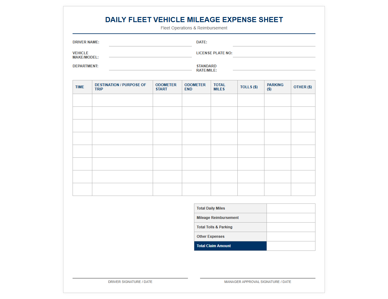 Daily Fleet Vehicle Mileage Expense Sheet