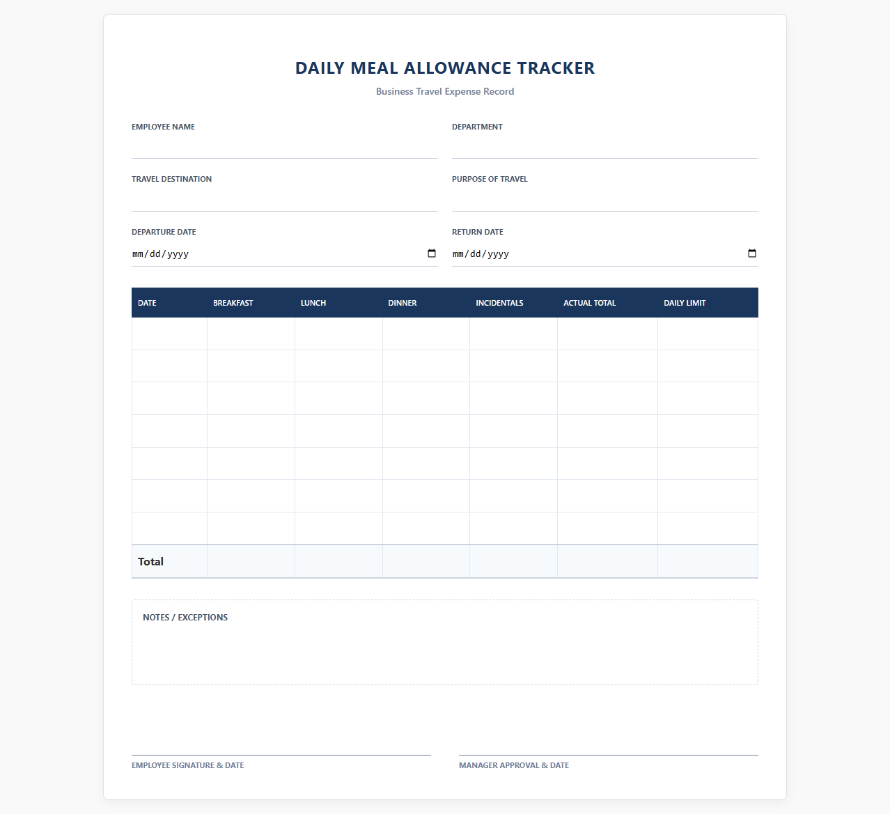 Daily Meal Allowance Tracker for Business Travel