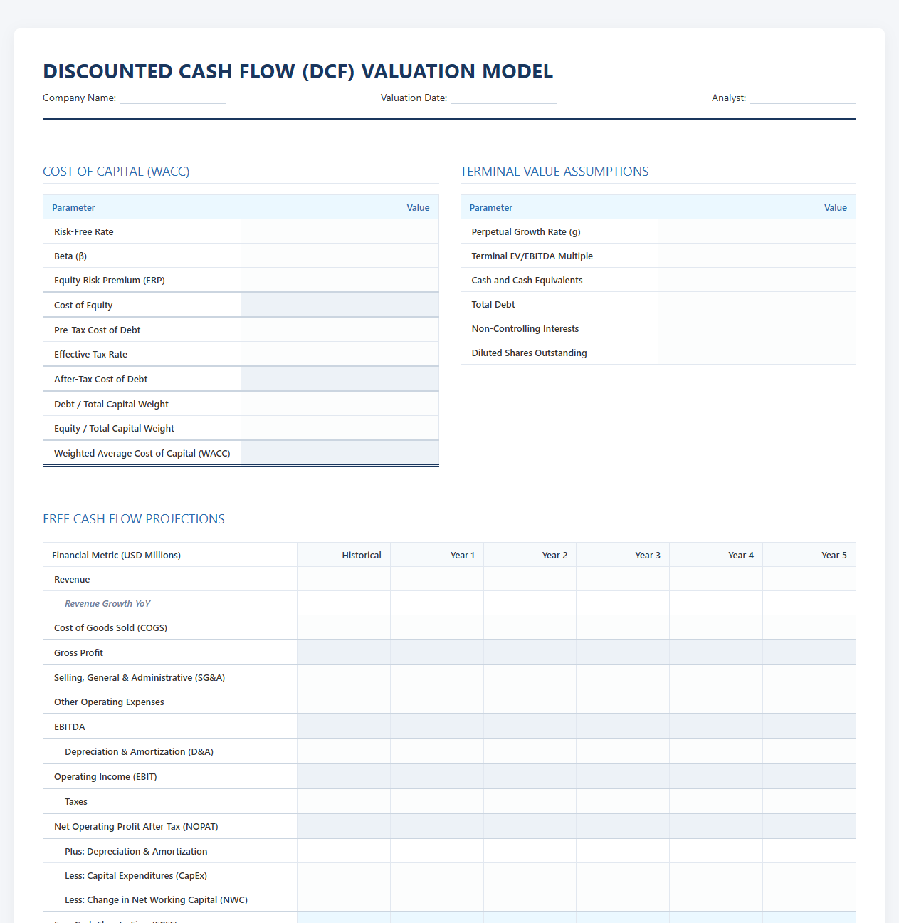 DCF Projections Financial Statement Template