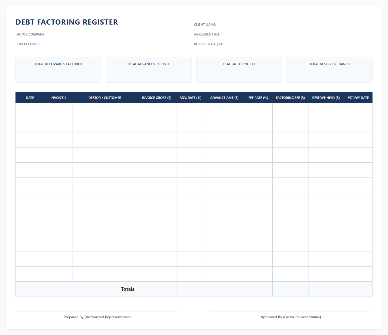 Debt Factoring Register Template