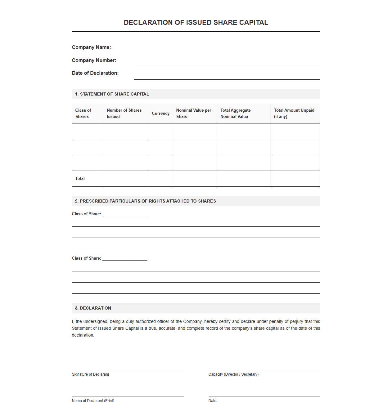 Declaration of Issued Share Capital Template