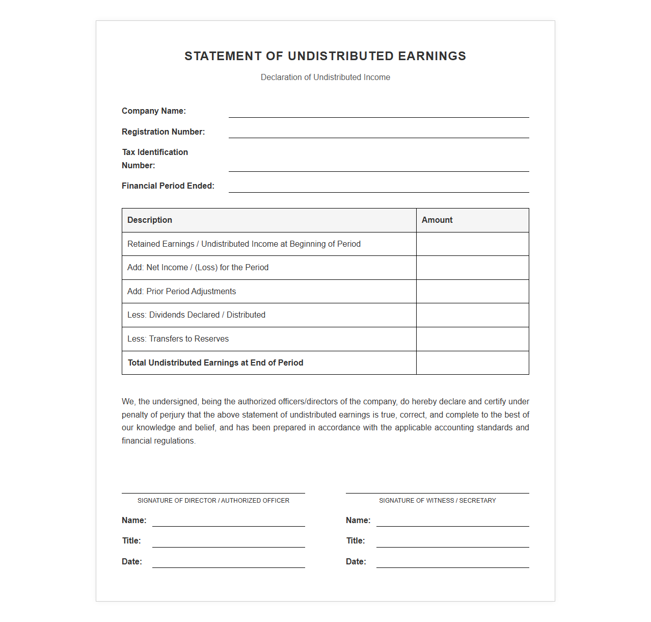Declaration of Undistributed Income Template