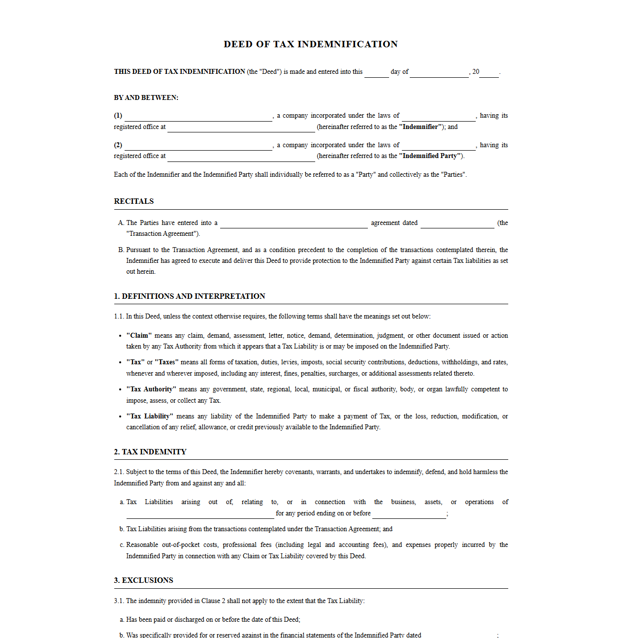 Deed of Tax Indemnification