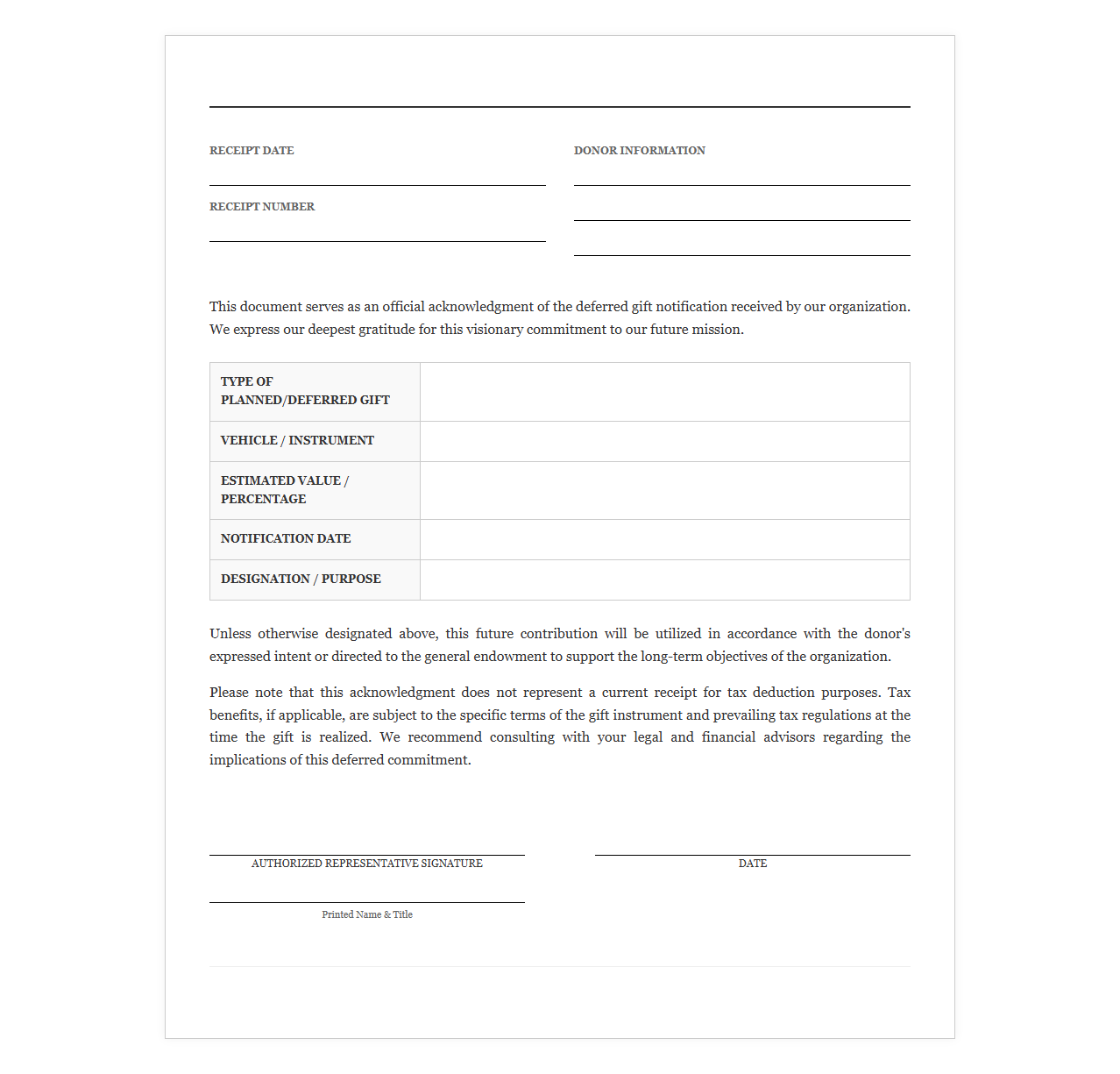 Deferred Giving Acknowledgment Receipt Template