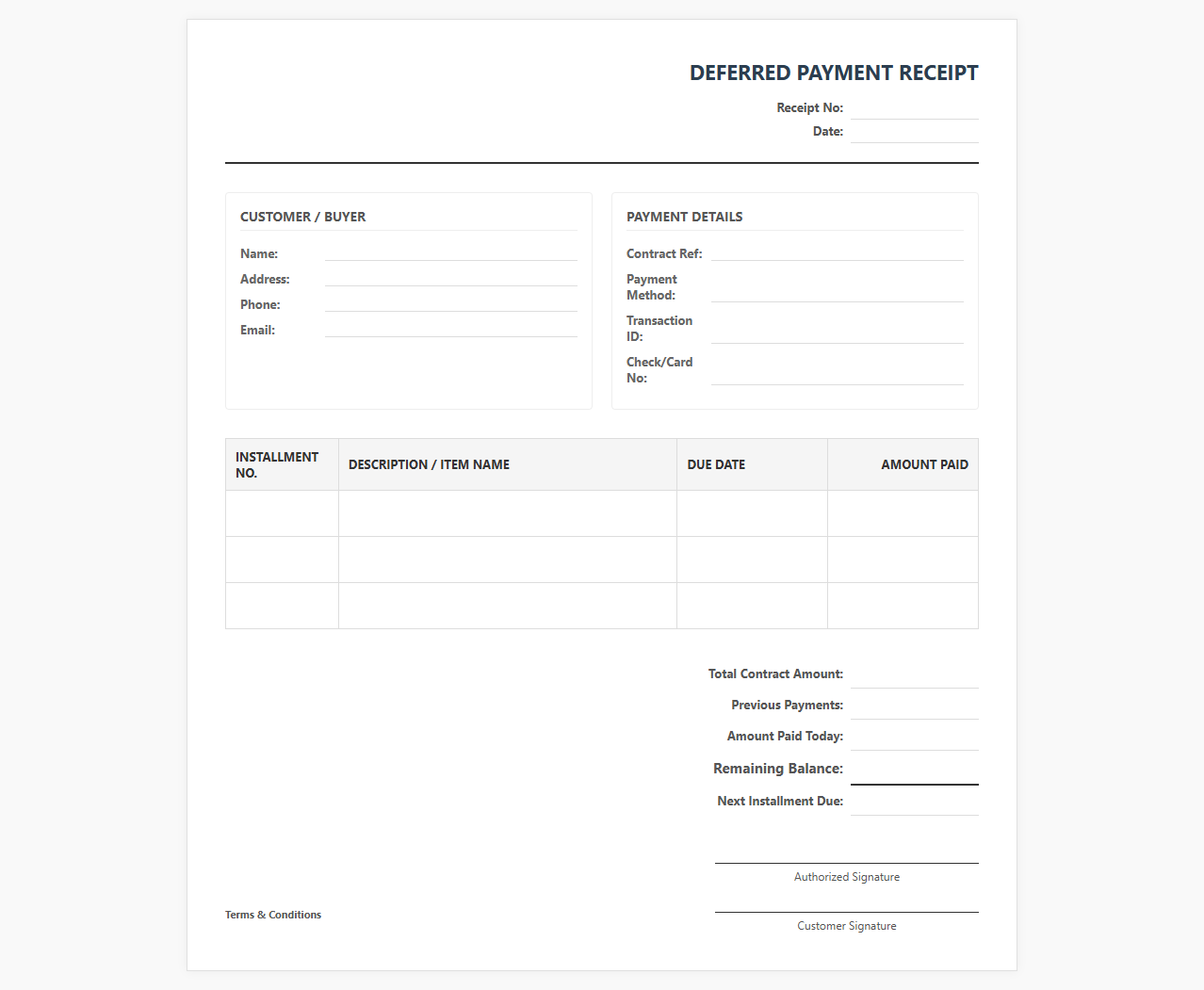 Deferred Payment Receipt Template