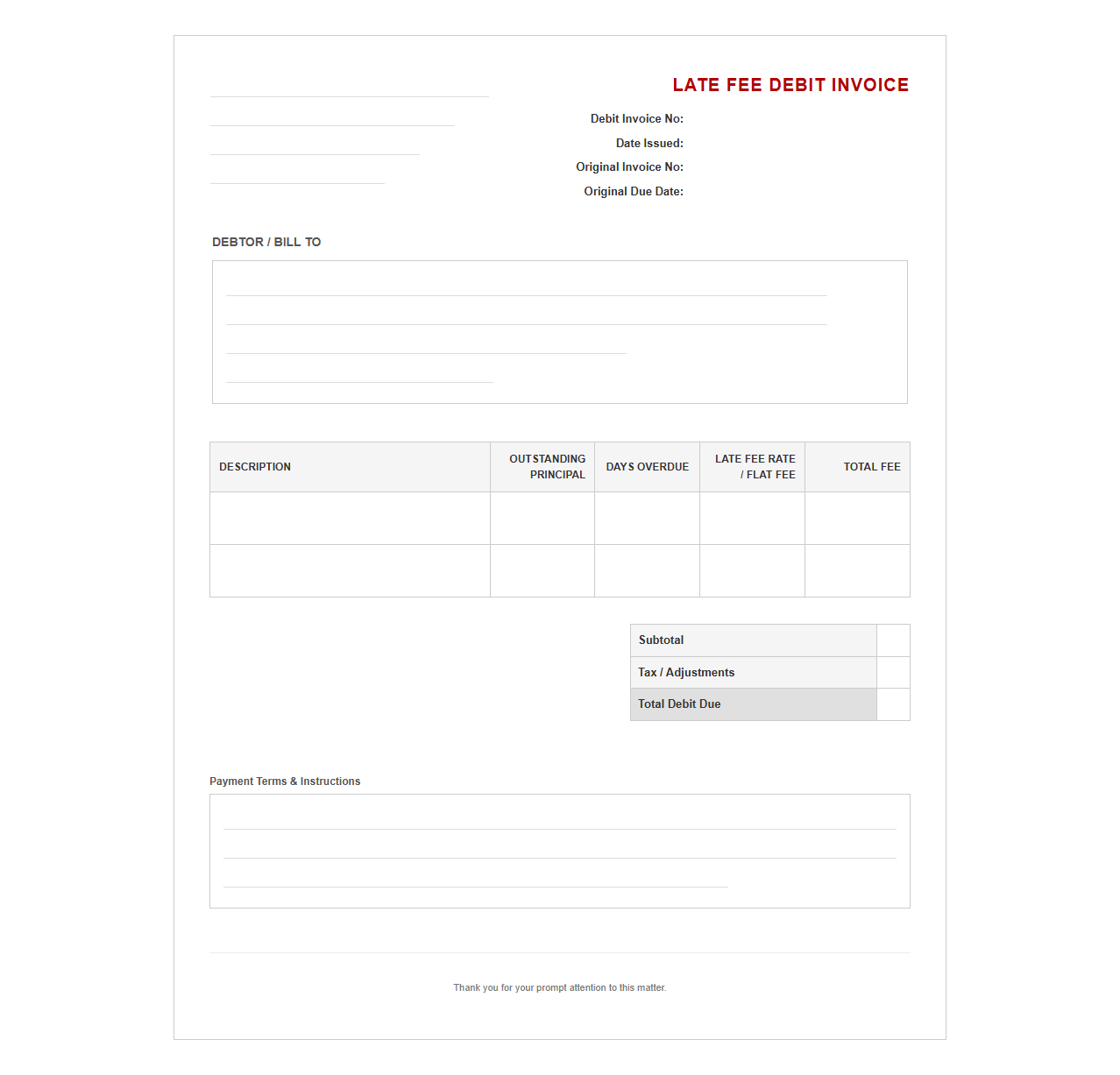 Delinquent Account Late Fee Debit Invoice