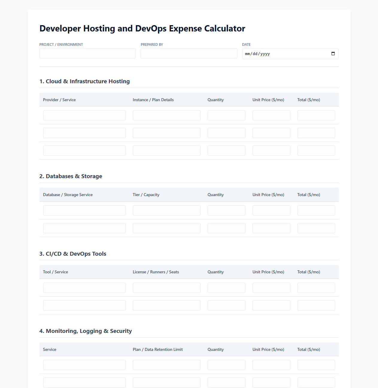 Developer Hosting and DevOps Expense Calculator