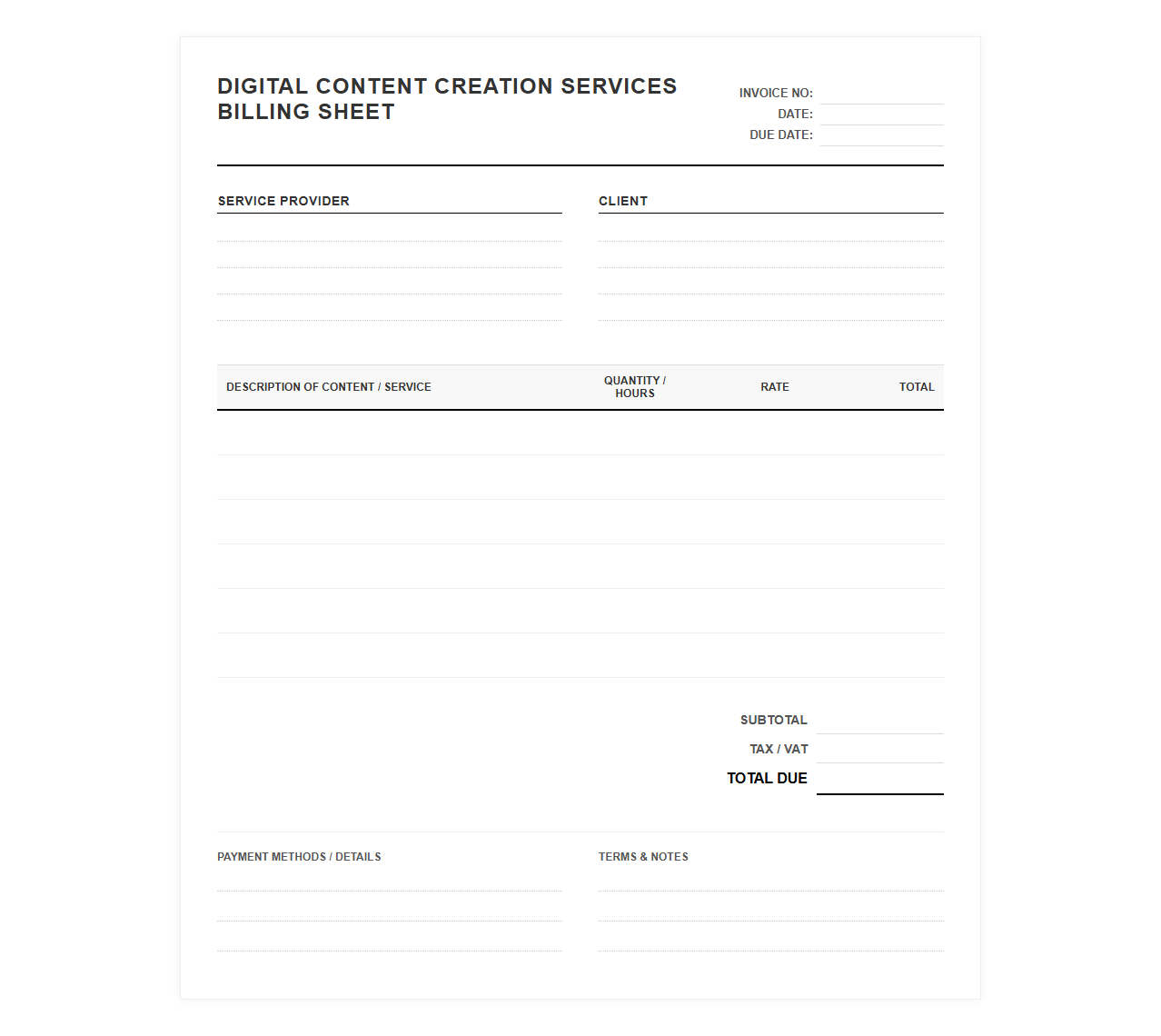 Digital Content Creation Services Billing Sheet