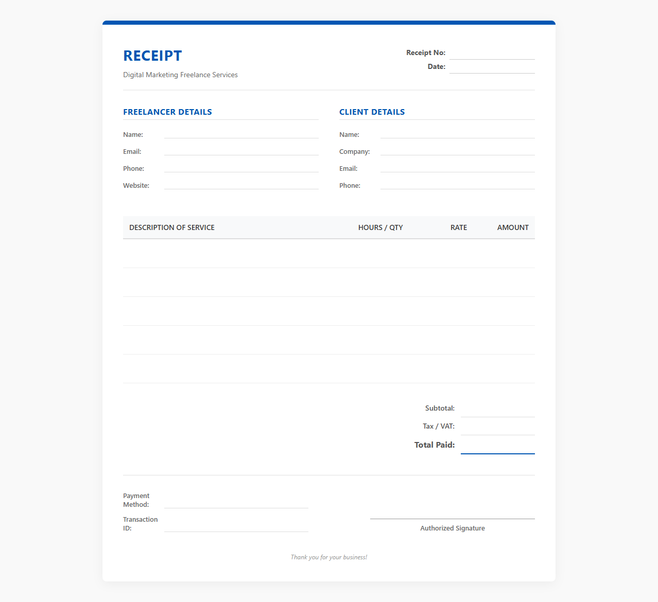 Digital Marketing Freelance Services Receipt
