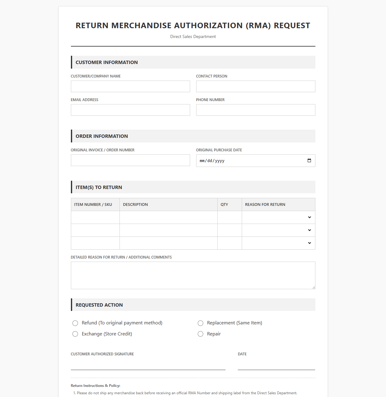 Direct Sales RMA Request Form Template