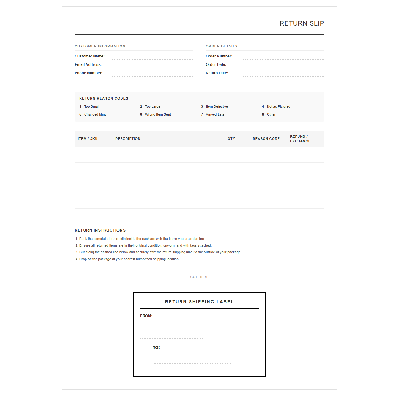 Direct to Consumer Return Slip Template