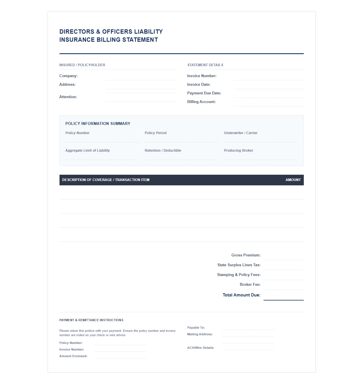 Directors and Officers Insurance Billing Statement