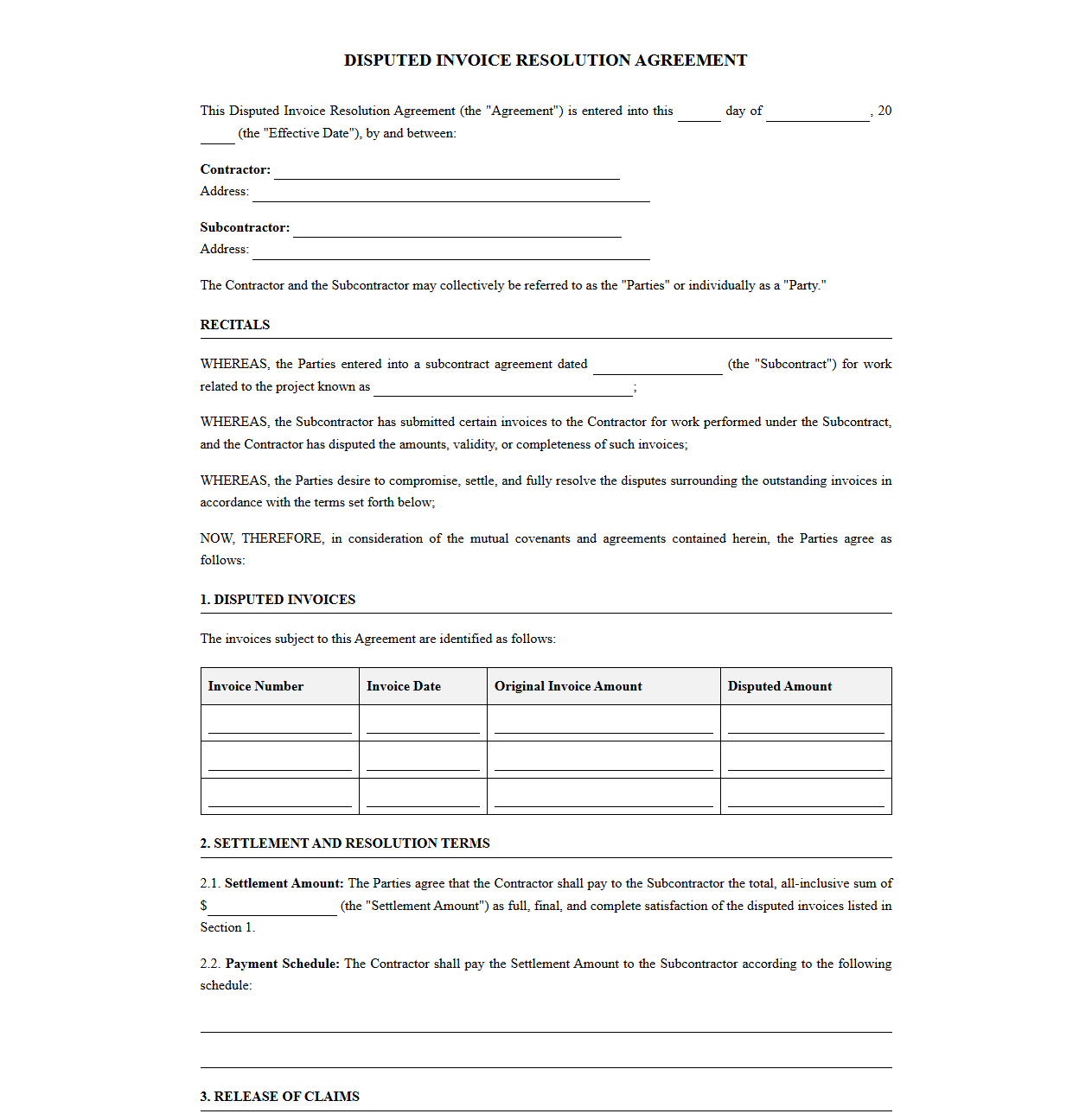Disputed Invoice Resolution Agreement for Subcontractors