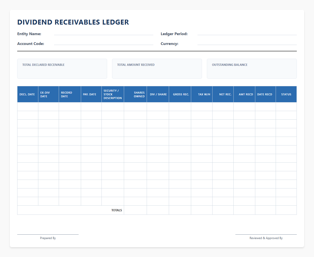 Dividend Receivables Ledger Template