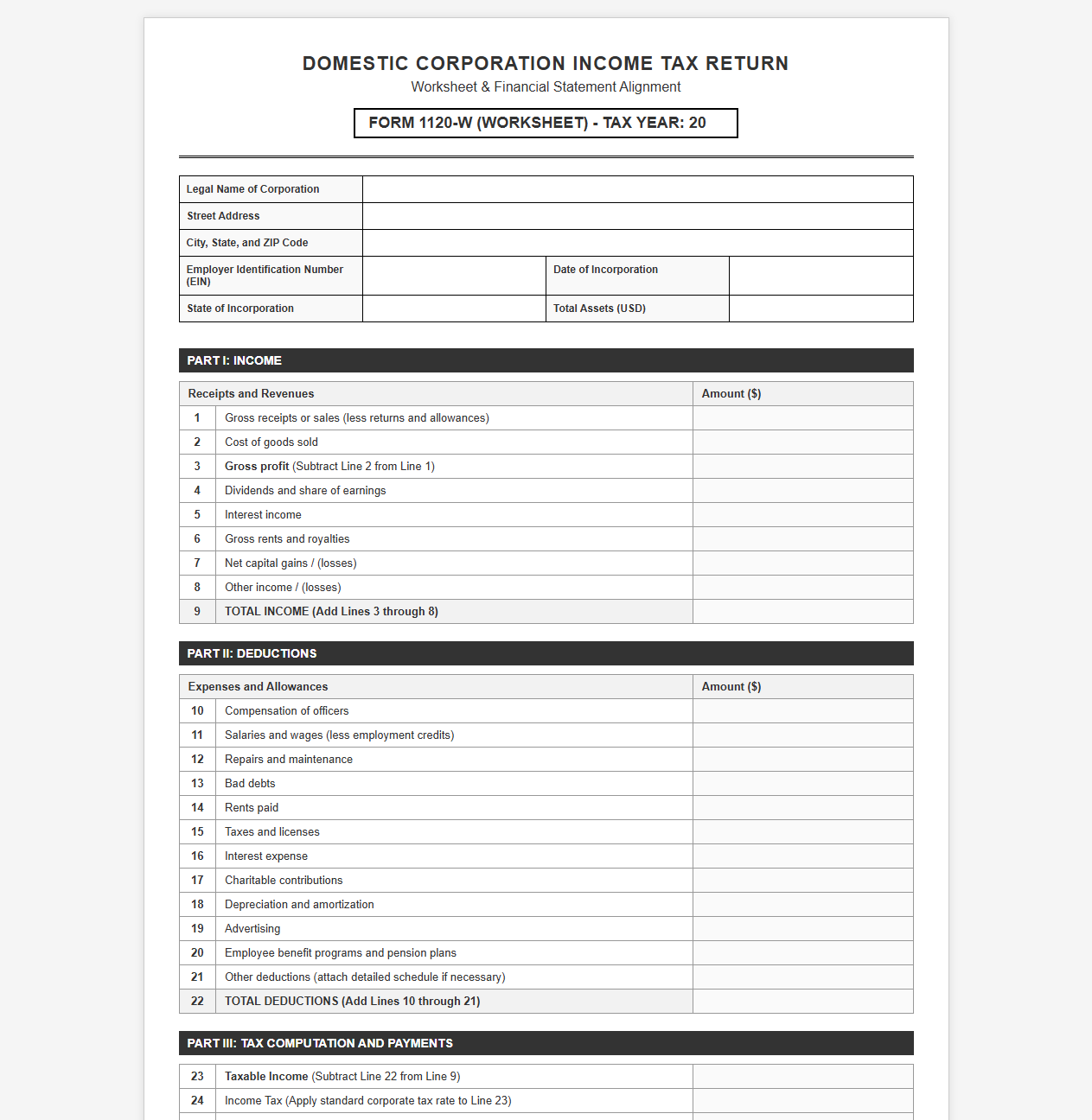 Domestic Company Income Tax Return Worksheet