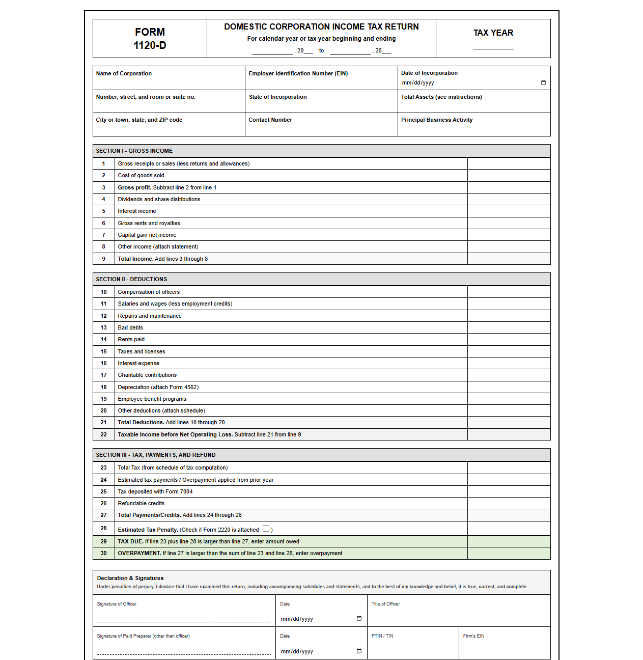 Domestic Corporate Income Tax Return Form