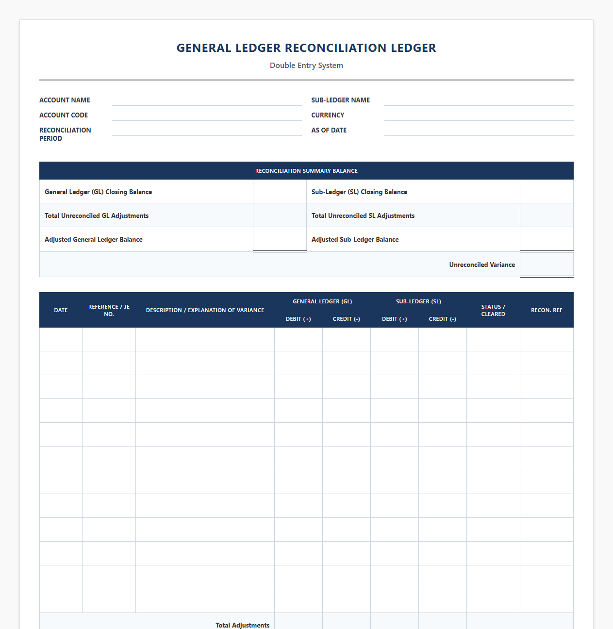 Double Entry General Ledger Reconciliation Ledger