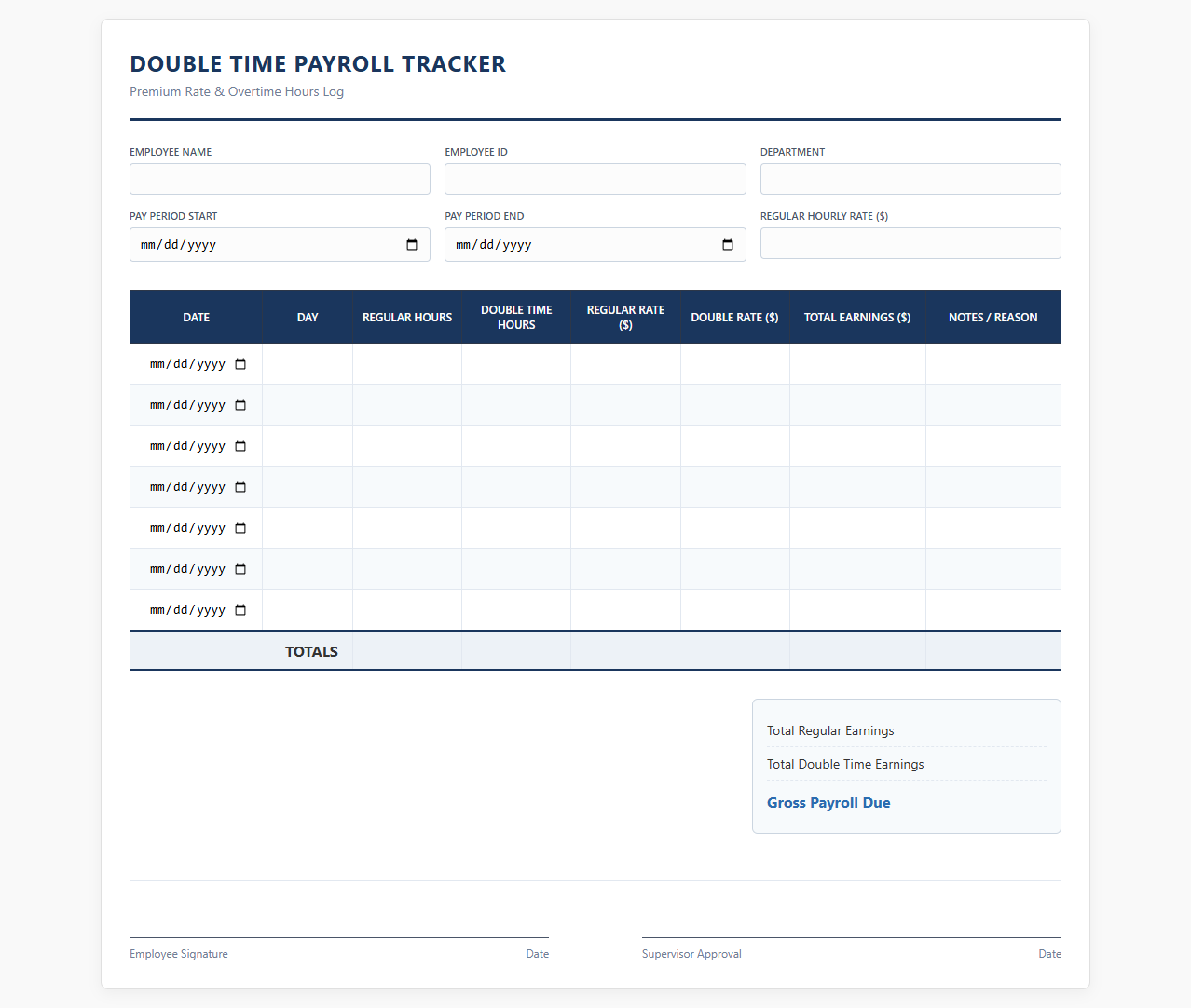 Double Rate Payroll Hours Tracker