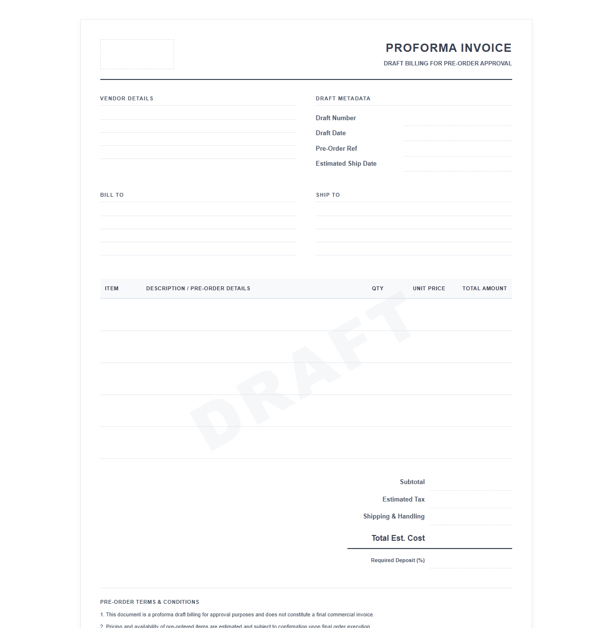 Draft Billing Template for Pre-Order Approvals