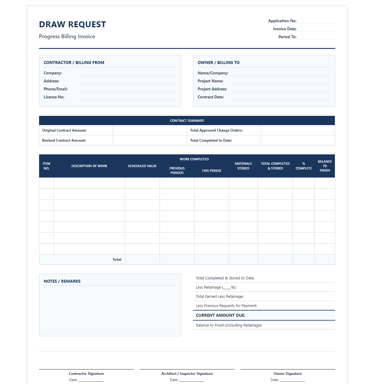 Draw Request and Progress Invoice Template