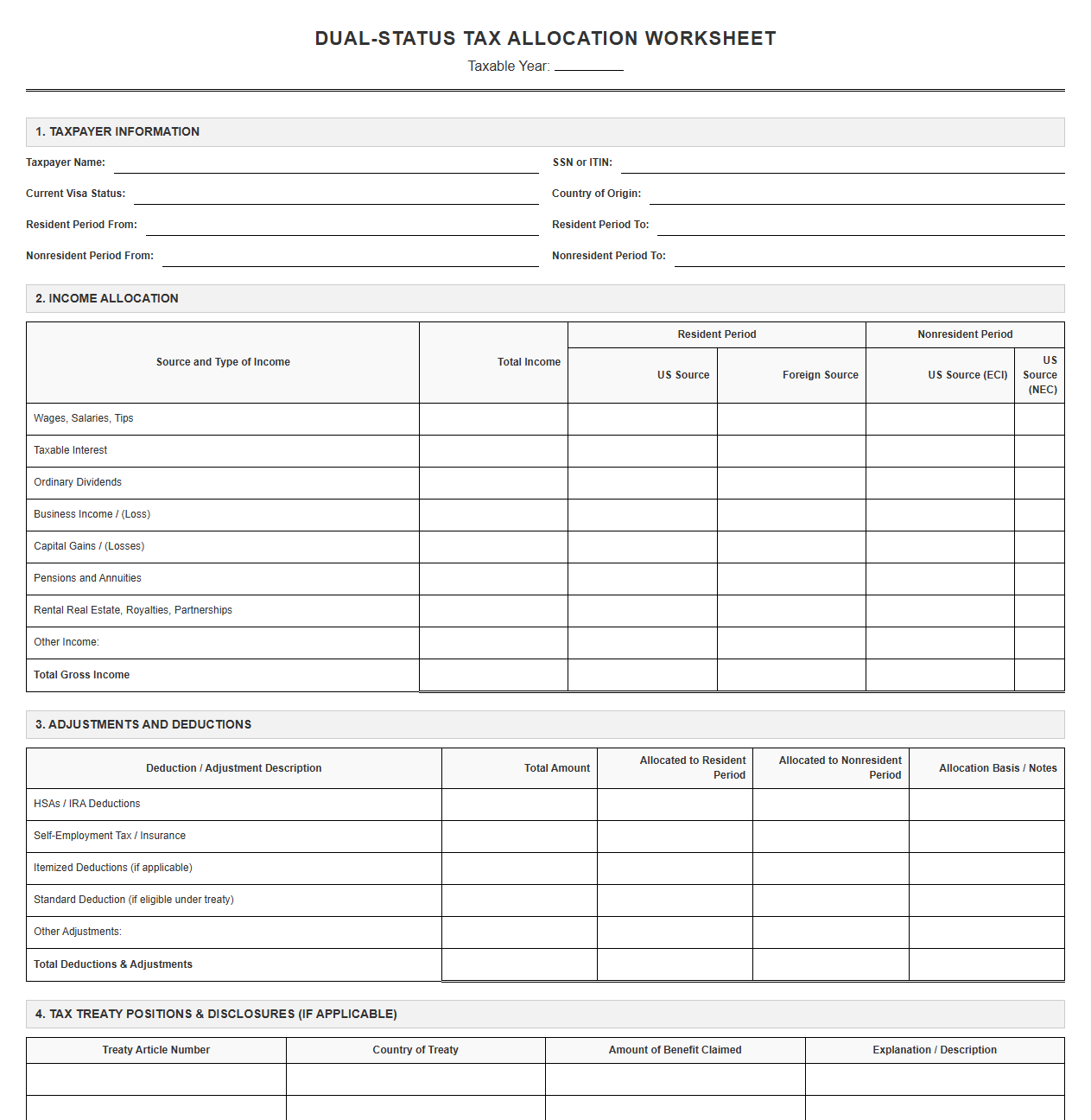 Dual-Status Tax Allocation Worksheet Template