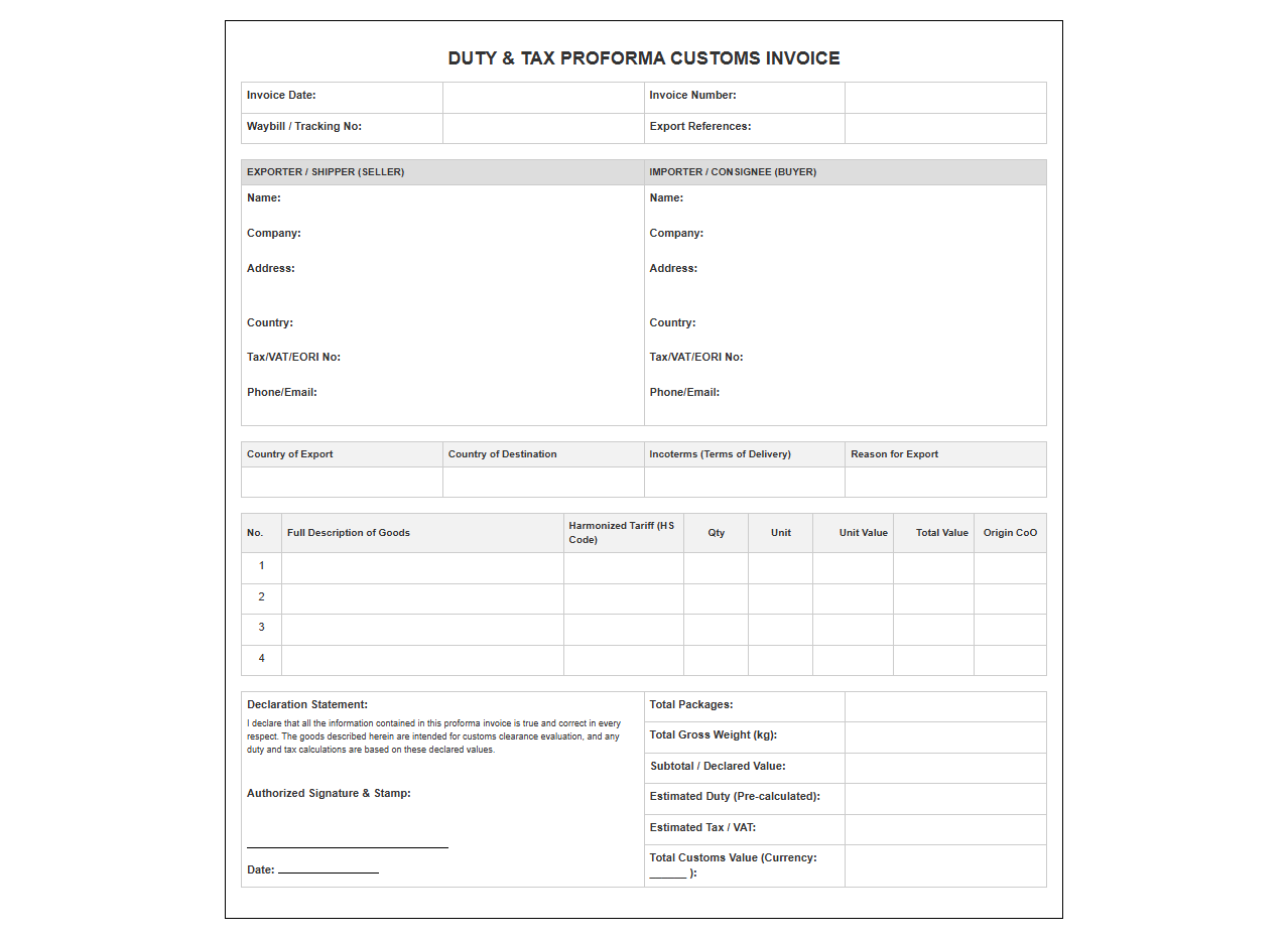 Duty and Tax Proforma Customs Invoice