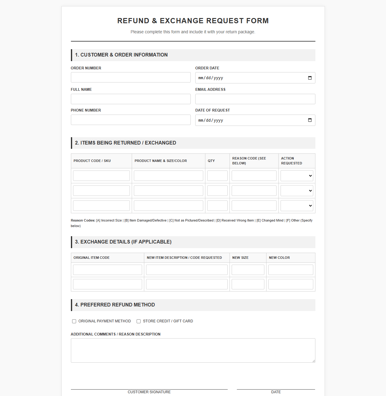 E-Commerce Customer Refund and Exchange Request Form