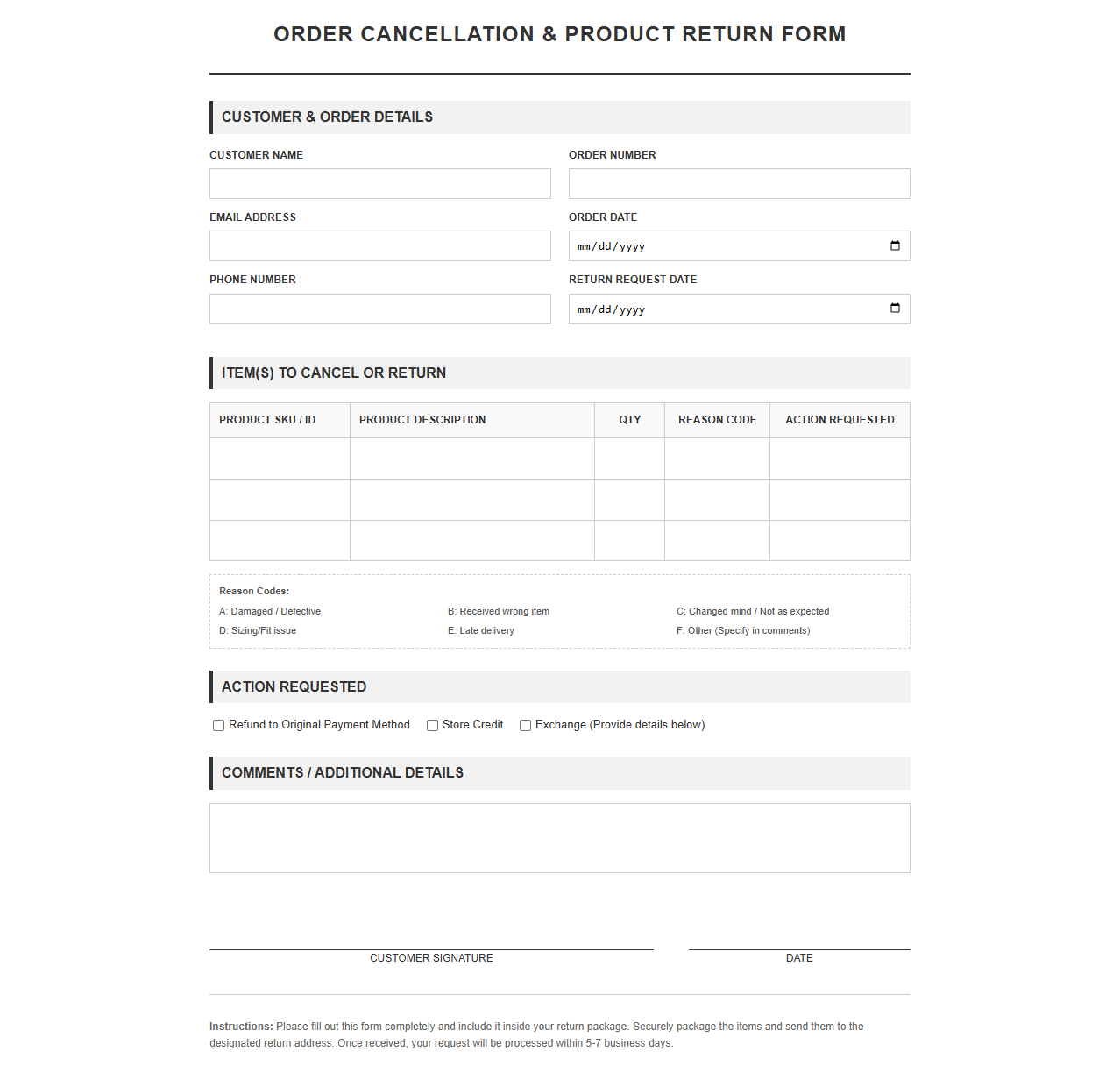 E-Commerce Order Cancellation and Product Return Form
