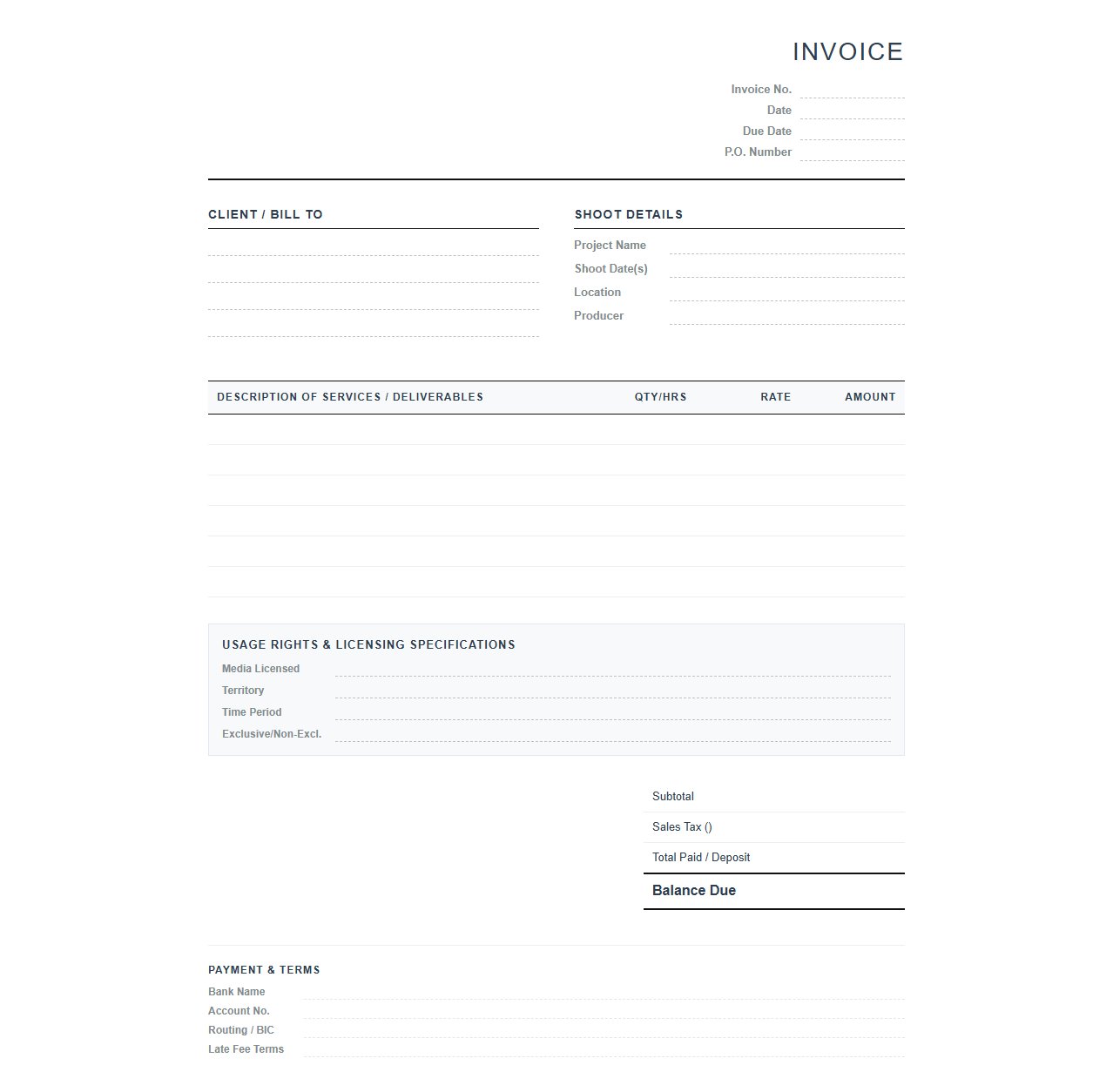 Editorial and Commercial Shoot Invoice Template