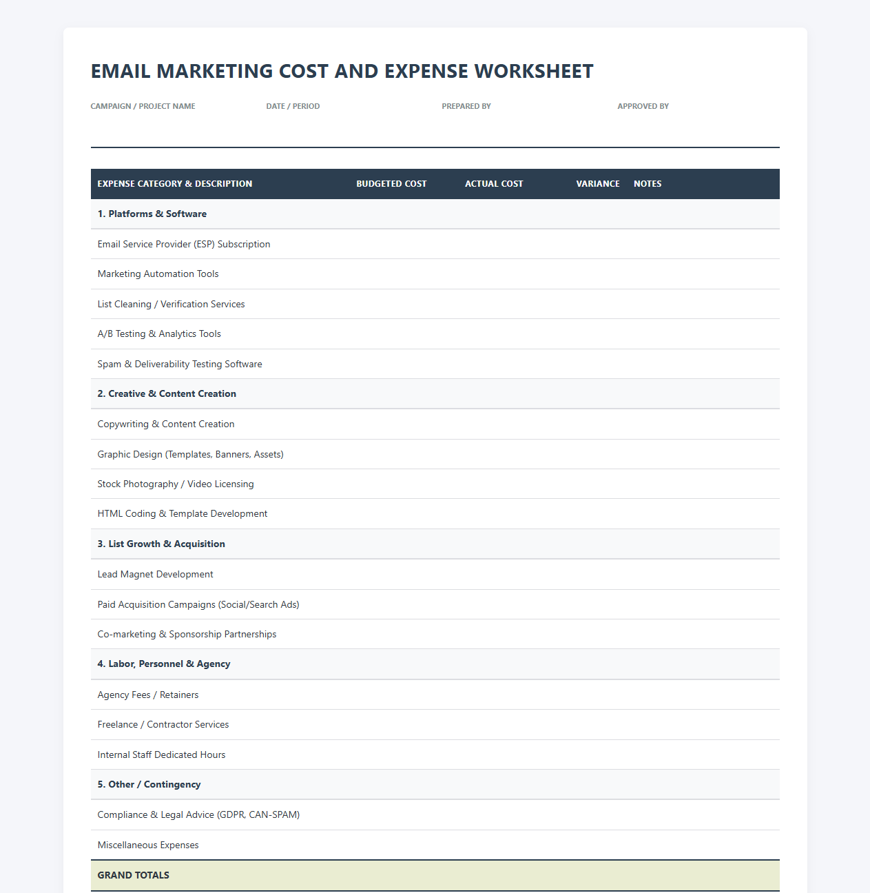 Email Marketing Cost and Expense Worksheet