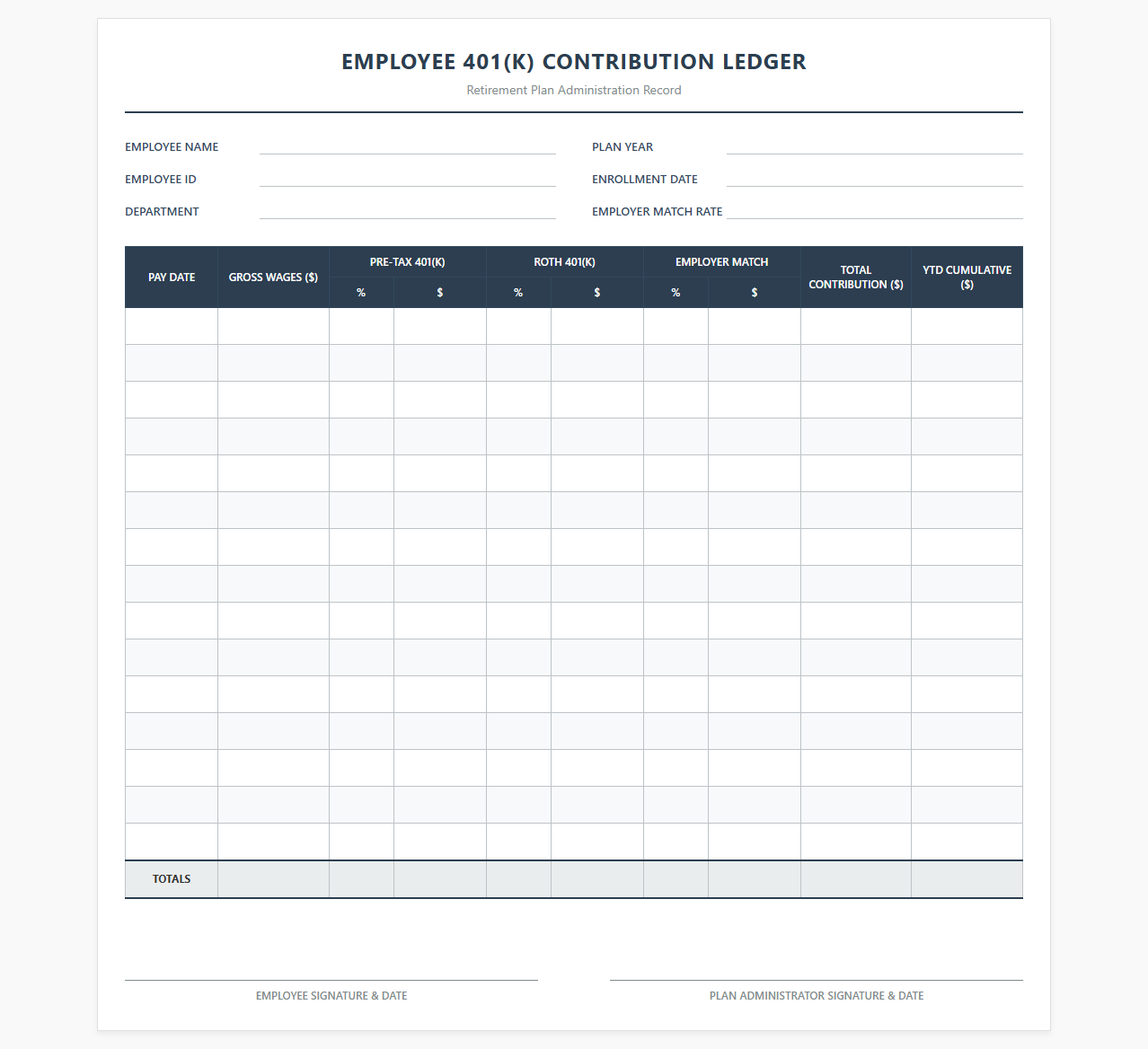 Employee 401k Contribution Ledger Sheet