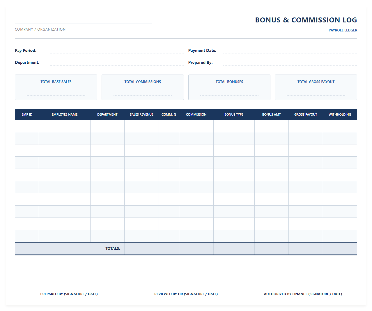 Employee Bonus and Commission Payroll Log