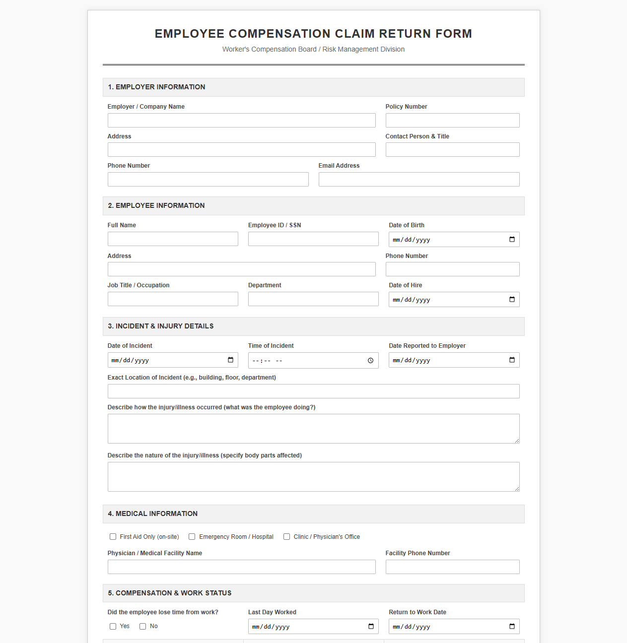 Employee Compensation Claim Return Form