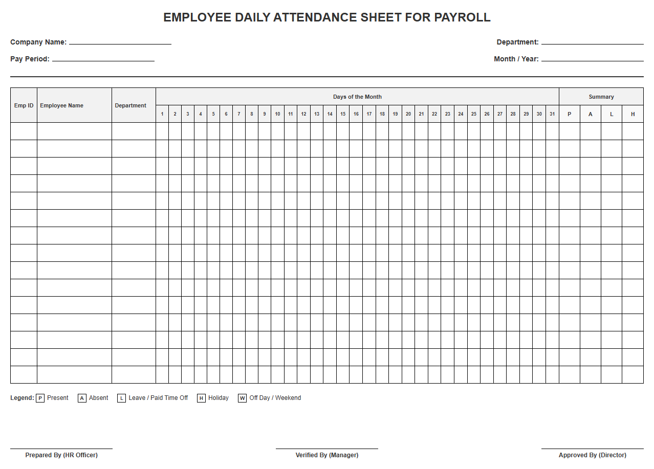 Employee Daily Attendance Sheet for Payroll