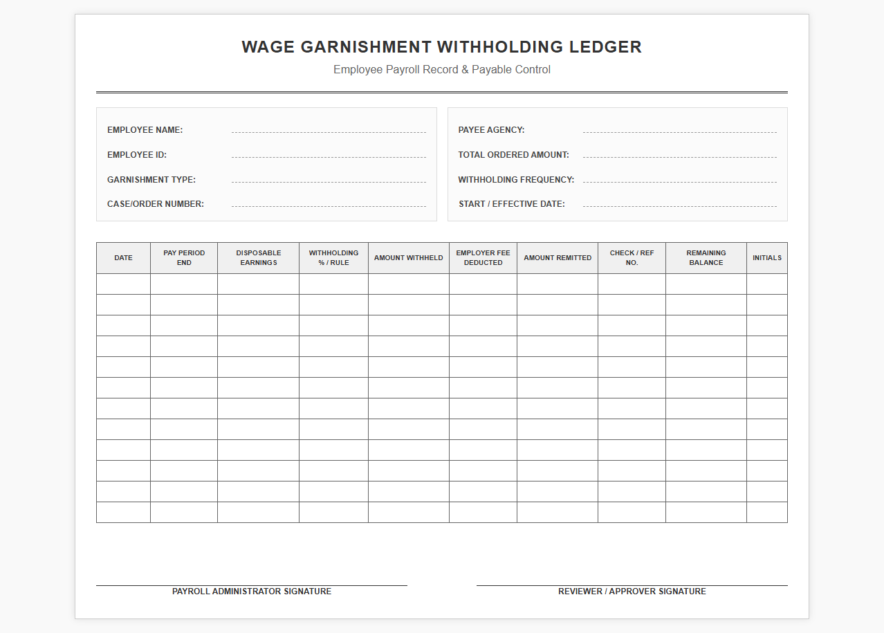 Employee Garnishment Withholding Ledger Template