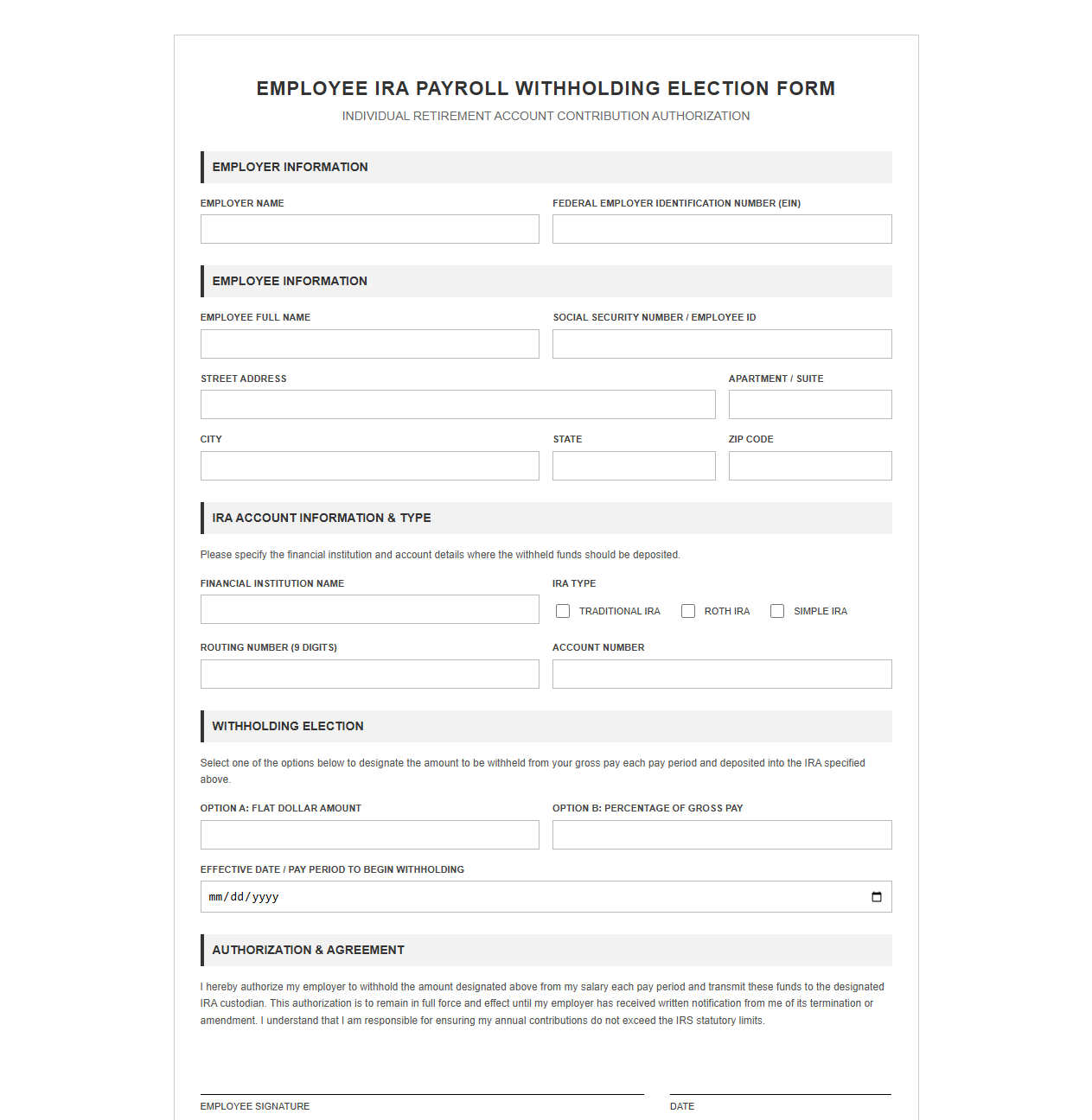 Employee IRA Payroll Withholding Election Form
