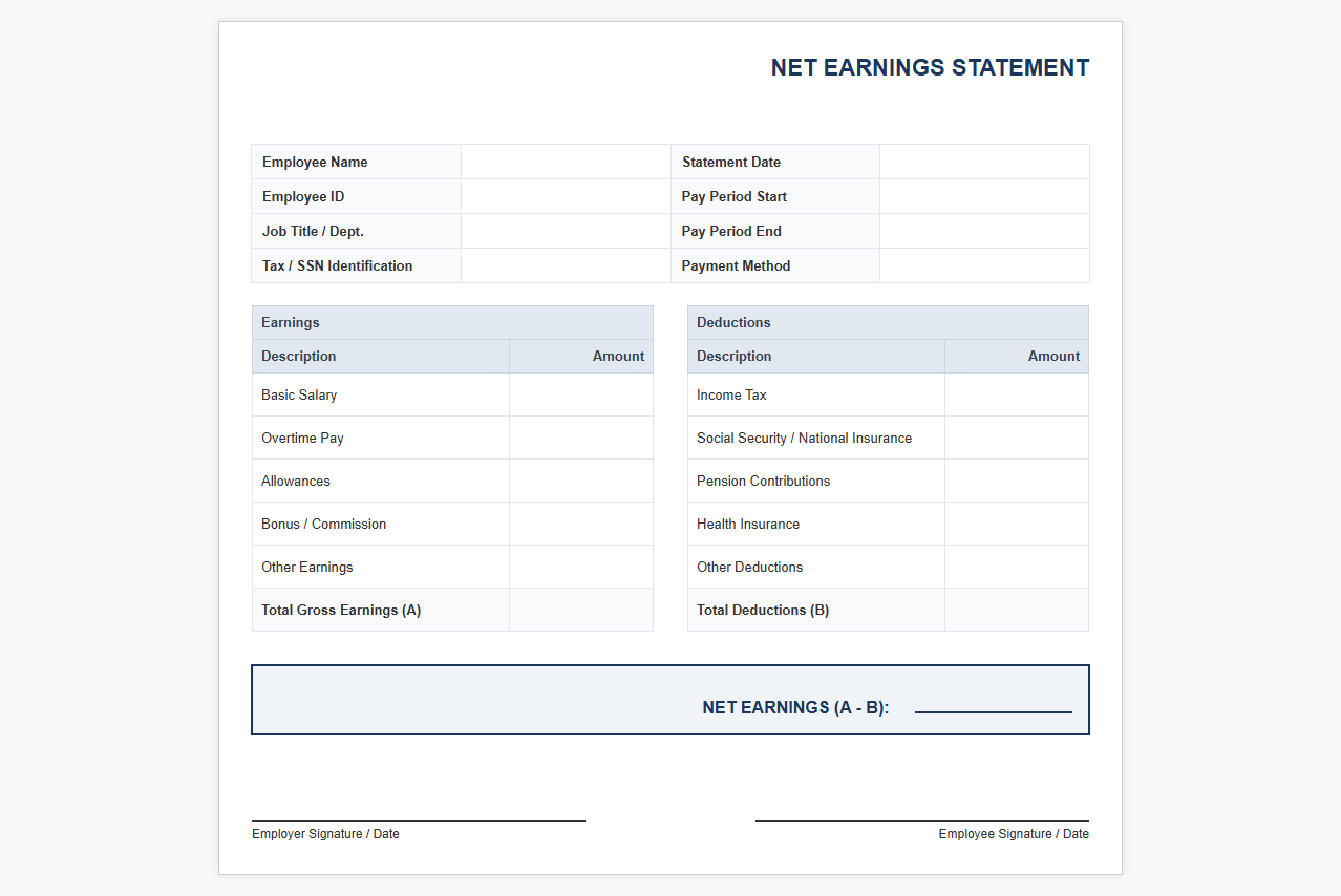 Employee Net Earnings Statement Format